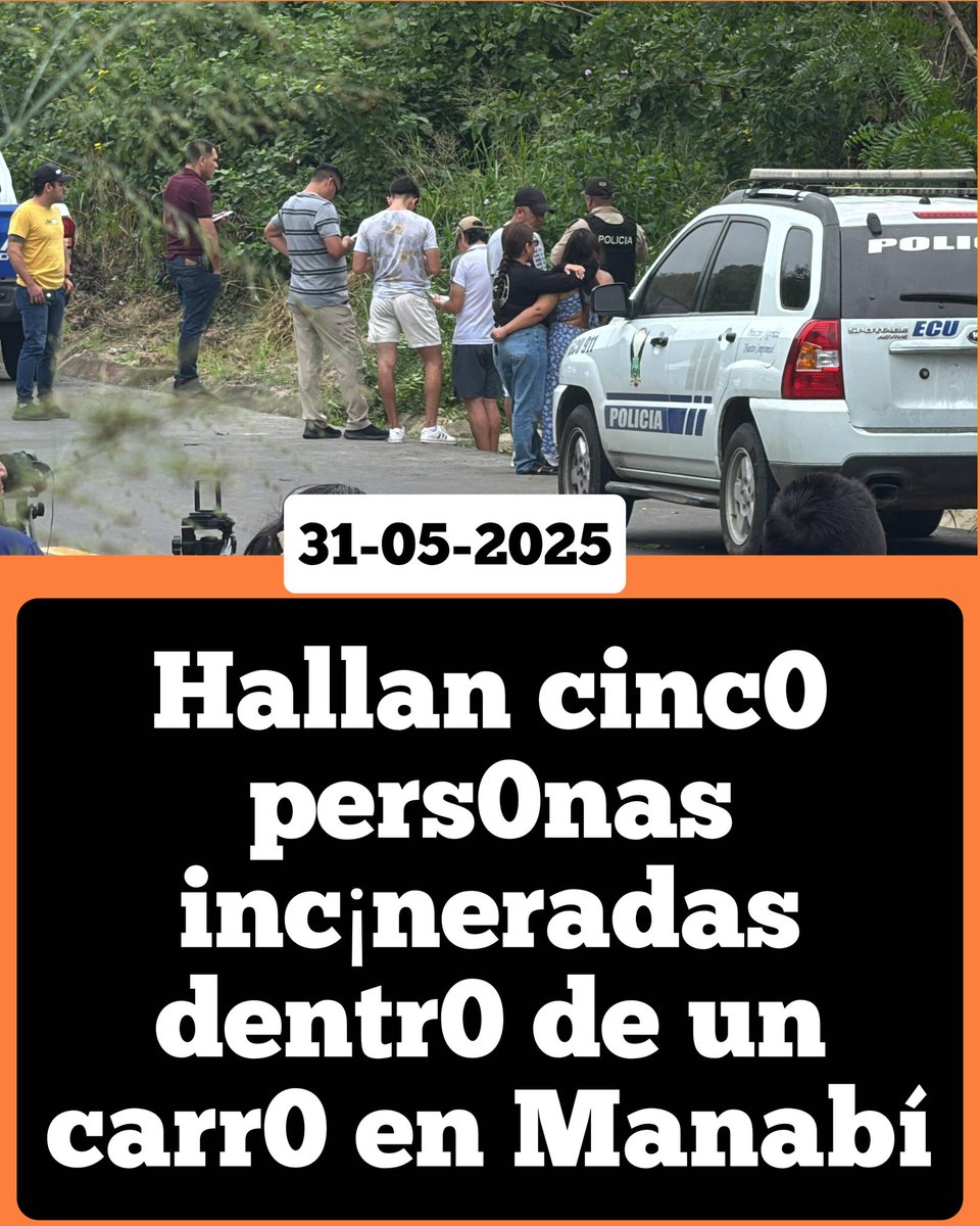 JVD_ONLINE77's tweet photo. Hallan cinco personas incineradas dentro de un carro en la ruta del Spondylus

Cinco personas incineradas dentro de un vehículo encontró la Policía en el sector Pile, del cantón Montecristi, ruta del Spondylus, en la provincia de Santa Elena.

Entre las víctimas se encuentra una mujer. La Policía Nacional investiga este macabro hallazgo. 

#Ecuador 
#Urgente 
#ULTIMAHORA 
#Manabi 
#Manta 
#Spondylus