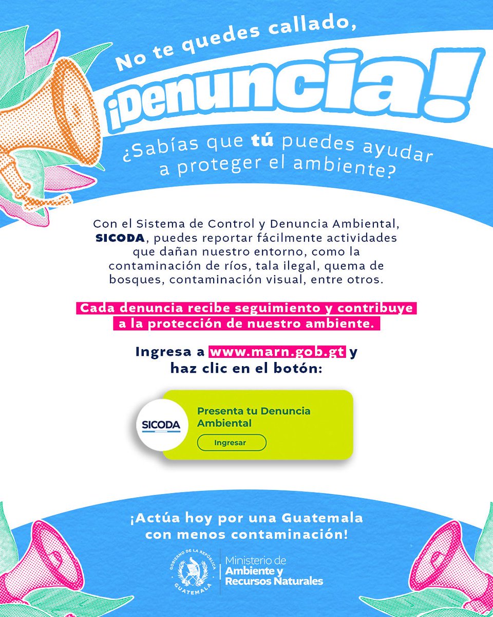 Con un solo clic en el botón SICODA, puedes hacer tu denuncia ambiental en la web del MARN.

¡Es rápido, fácil y está al alcance de todos! ✨
