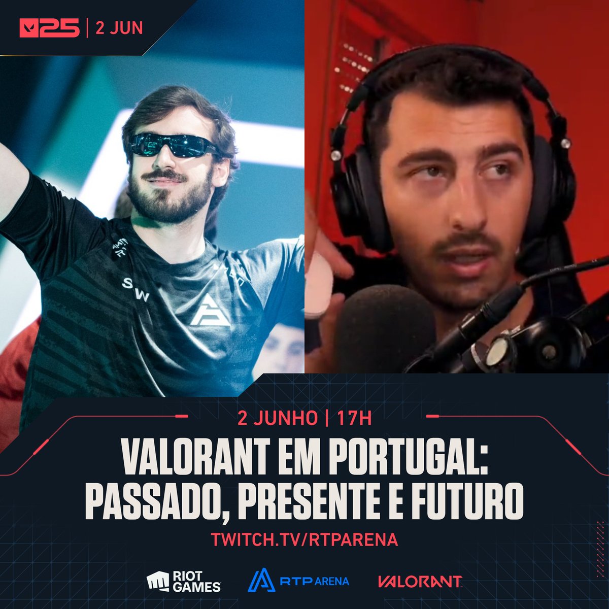 A celebração dos 5 anos do VALORANT começa na <a href="/rtparena/">RTP Arena</a> na segunda-feira com um programa especial dedicado ao panorama do jogo e das competições em Portugal. Fica atento às surpresas e giveaways durante a emissão! 🎁

🎙️ <a href="/commanderbonny/">João D'Sousa Antunes 🤠✍️</a>
🎧 <a href="/BatiVal_/">Bati</a> e <a href="/TheMentalCraft/">TheMentalCraft</a> 
📅 2 de