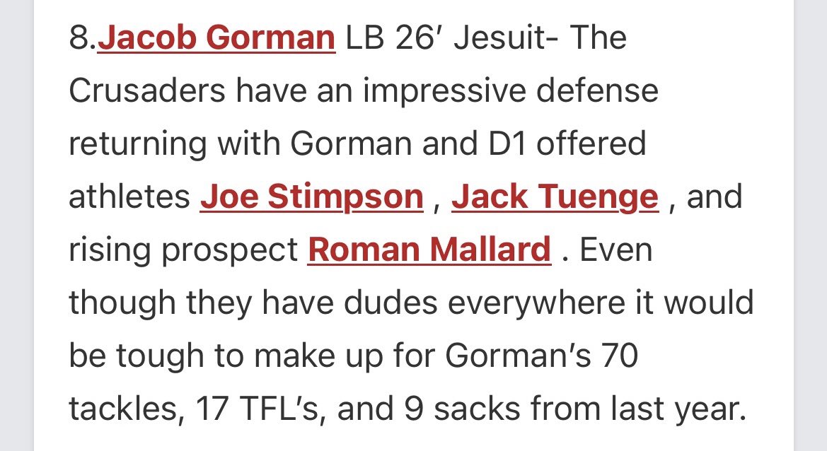 Jacob Gorman (@jacob_gorman1) on Twitter photo Thank you <a href="/JordanJ_/">Jordan Johnson</a> for the write up! Looking forward to a big senior season with my guys <a href="/joe_stimpson1/">Joe Stimpson (3⭐️ ATH)</a> <a href="/jack_tuenge/">Jack Tuenge 3⭐️</a> <a href="/Roman_Mallard/">Roman Mallard</a>!
<a href="/jhspdxfootball/">Jesuit Crusader Football</a> <a href="/AlphaFootballOR/">ALPHA Football</a> <a href="/PrepRedzoneOR/">Prep Redzone Oregon</a> Thank you <a href="/JordanJ_/">Jordan Johnson</a> for the write up! Looking forward to a big senior season with my guys <a href="/joe_stimpson1/">Joe Stimpson (3⭐️ ATH)</a> <a href="/jack_tuenge/">Jack Tuenge 3⭐️</a> <a href="/Roman_Mallard/">Roman Mallard</a>!
<a href="/jhspdxfootball/">Jesuit Crusader Football</a> <a href="/AlphaFootballOR/">ALPHA Football</a> <a href="/PrepRedzoneOR/">Prep Redzone Oregon</a>