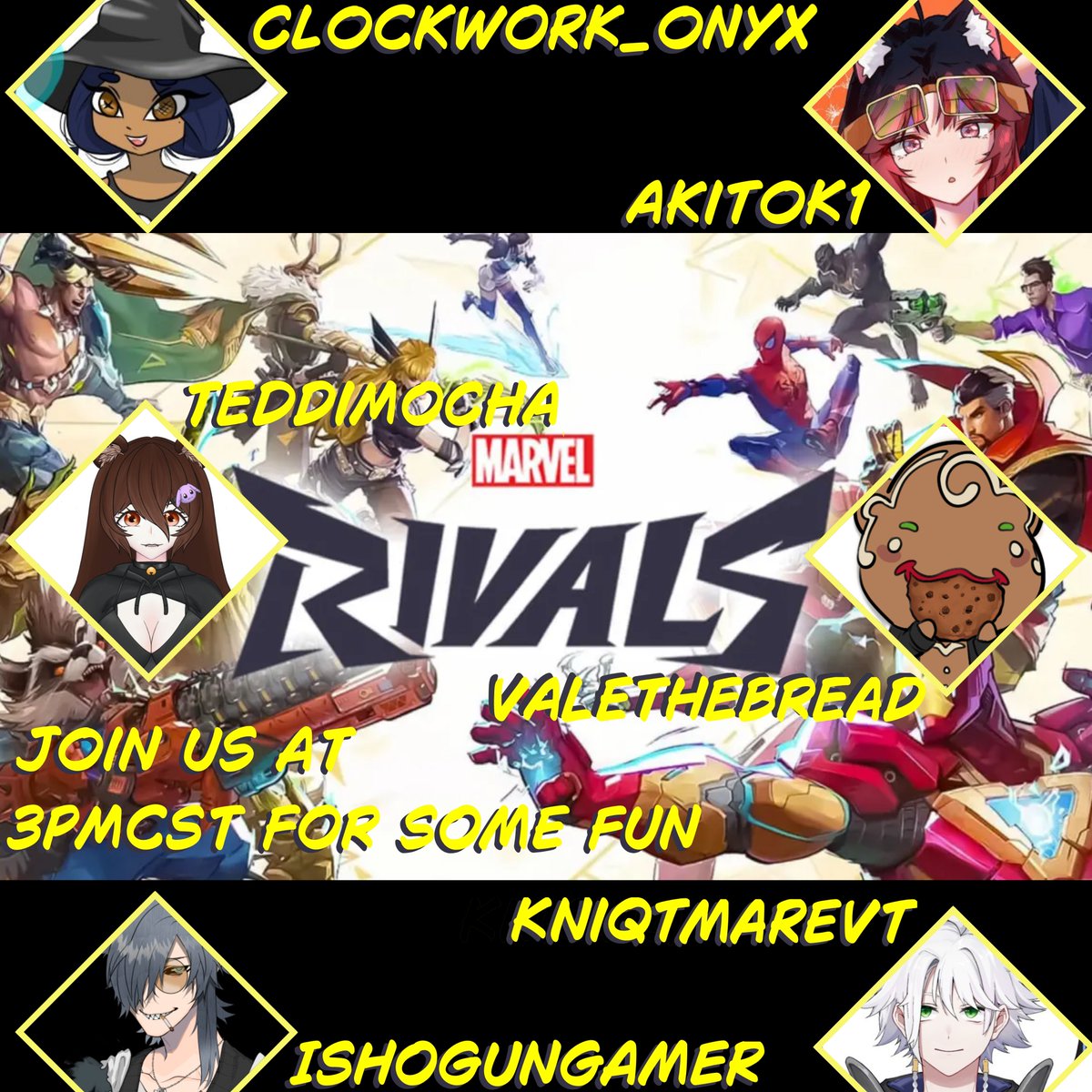 Kniqhtmare 🕹️📽️ Insomniac Vtuber (@kniqhtmare) on Twitter photo Rivals collab with these lovely creators later today stop on by while we catch up on the season updates!
<a href="/AkitoK_Tweets/">AkitoK「Blacksmith Vtuber」</a>
<a href="/IshogunGamer/">IshogunGamer</a>
<a href="/ValeTheBread/">Vale 🍪 Cookie Vtuber</a>
<a href="/ClockworkOnyx/">Onyx Rose</a>
@TeddiMochaRivals Rivals collab with these lovely creators later today stop on by while we catch up on the season updates!
<a href="/AkitoK_Tweets/">AkitoK「Blacksmith Vtuber」</a>
<a href="/IshogunGamer/">IshogunGamer</a>
<a href="/ValeTheBread/">Vale 🍪 Cookie Vtuber</a>
<a href="/ClockworkOnyx/">Onyx Rose</a>
@TeddiMochaRivals