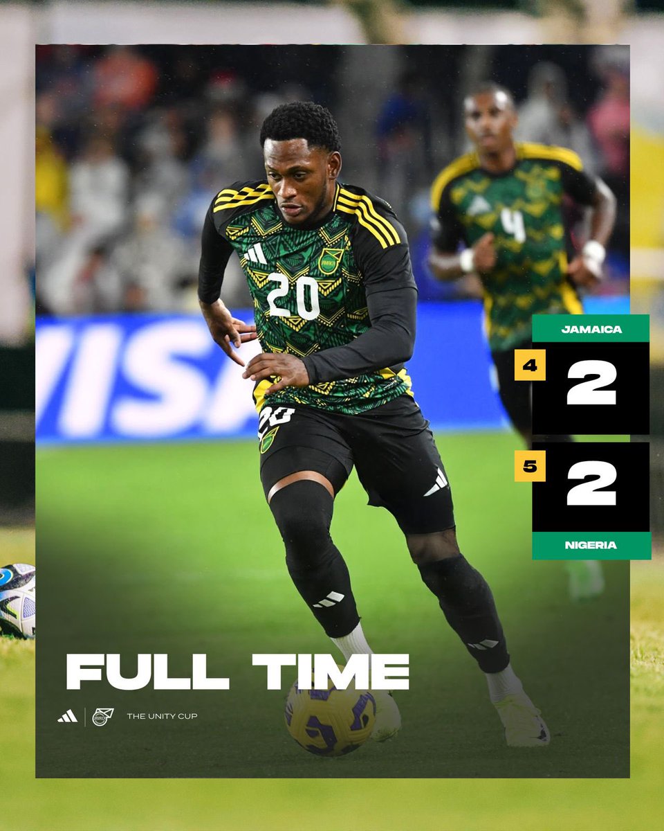 jff_football's tweet image. FULL TIME: Jamaica 2 - 2 Nigeria (5-4pens) 🇯🇲💔

Fought hard. Played with heart. Just edged on penalties.

Proud of our Boyz and the energy from the fans. We keep building. We keep rising. 💛💚🖤

#ReggaeBoyz #UnityCup #JAMvNGA #StillWeRise
