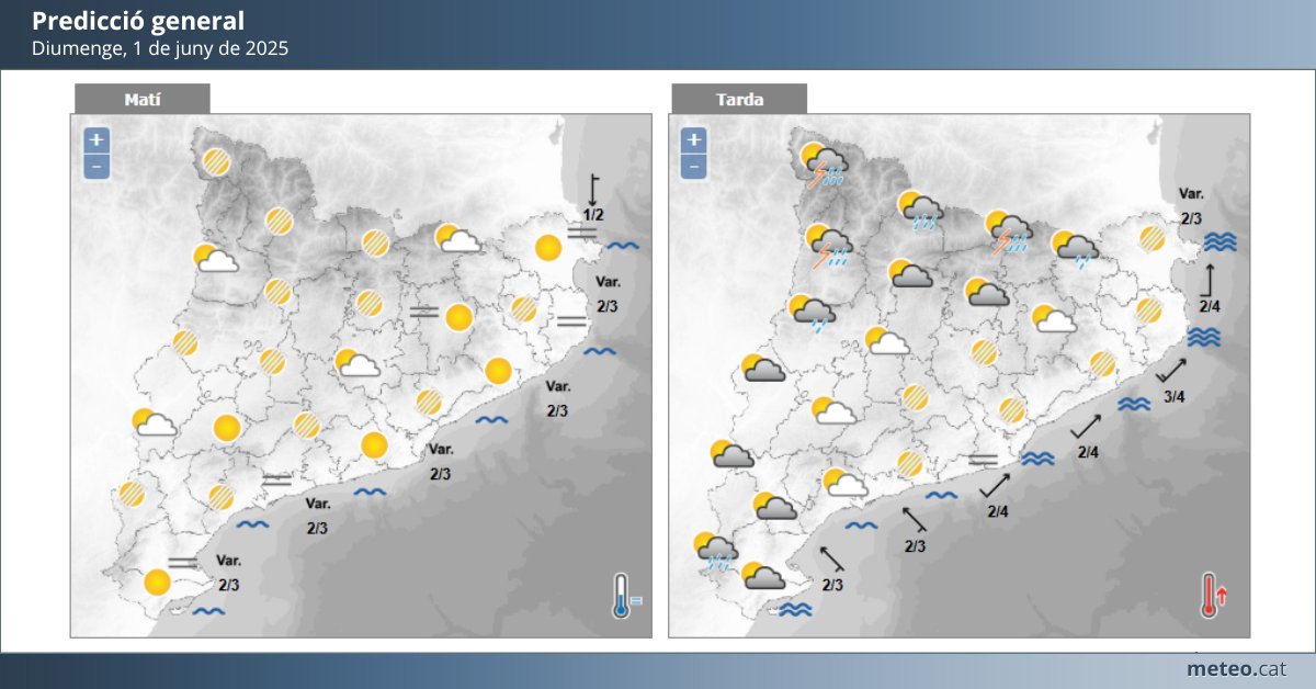 #PrediccióDemà

➡ Temps tranquil al matí.
➡ A la tarda, xàfecs amb tempesta a punts del Pirineu, Prepirineu i terç oest, localment amb calamarsa i ratxes fortes de vent.
➡ Temperatura sense canvis o puntualment una mica més alta.

Tots els detalls, a 👇
meteo.cat/prediccio/gene…