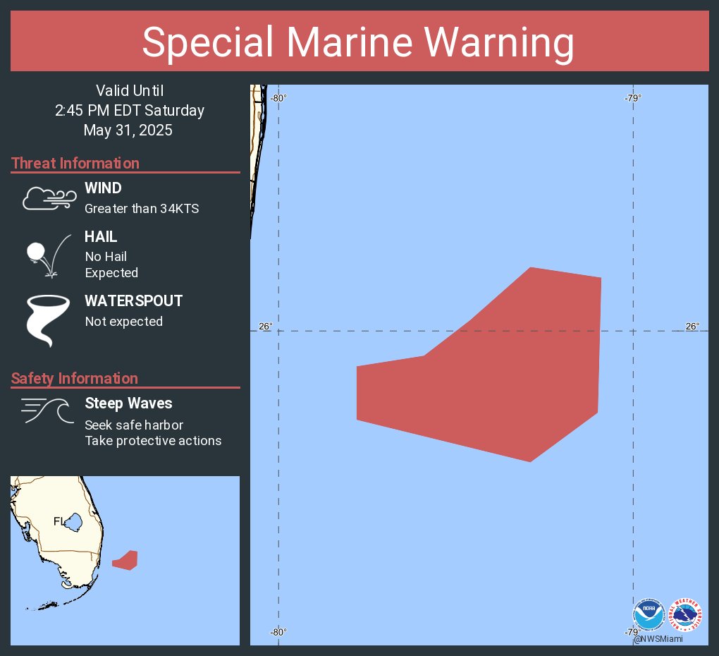 Special Marine Warning continues for the Waters from Deerfield Beach to Ocean Reef FL from 20 to 60 NM excluding the territorial waters of Bahamas and Waters from Jupiter Inlet to Deerfield Beach FL from 20 to 60 NM until 2:45 PM EDT