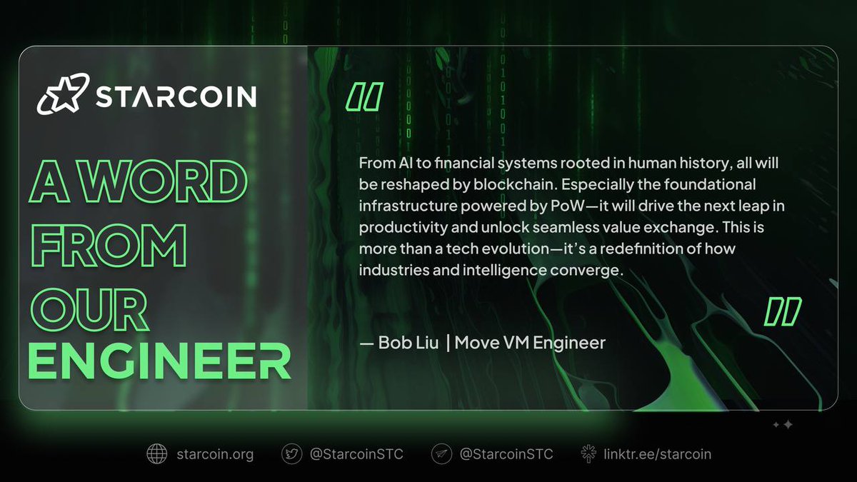 ✨ Starcoin's Builders Note #6

"...This is more than a tech evolution—it’s a redefinition of how industries and intelligence converge." 

~ Bob Liu  Move VM Engineer