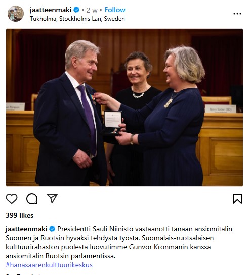 Suomalais-ruotsalaisen kulttuurisäätiön ansiomitalli Sauli Niinistölle Suomen ja Ruotsin hyväksi tekemästään työstä. Milloinhan <a href="/hsfi/">Helsingin Sanomat</a>, <a href="/yleuutiset/">Yle Uutiset</a> tai <a href="/uusisuomi/">Uusi Suomi</a> huomioi tämän vai onko edes aikomus ?