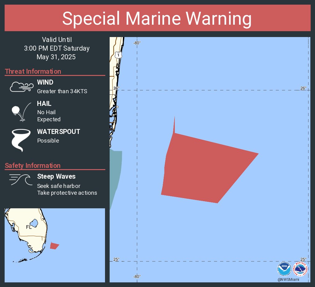 Special Marine Warning continues for the Waters from Deerfield Beach to Ocean Reef FL from 20 to 60 NM excluding the territorial waters of Bahamas and Coastal waters from Deerfield Beach to Ocean Reef FL out 20 NM until 3:00 PM EDT