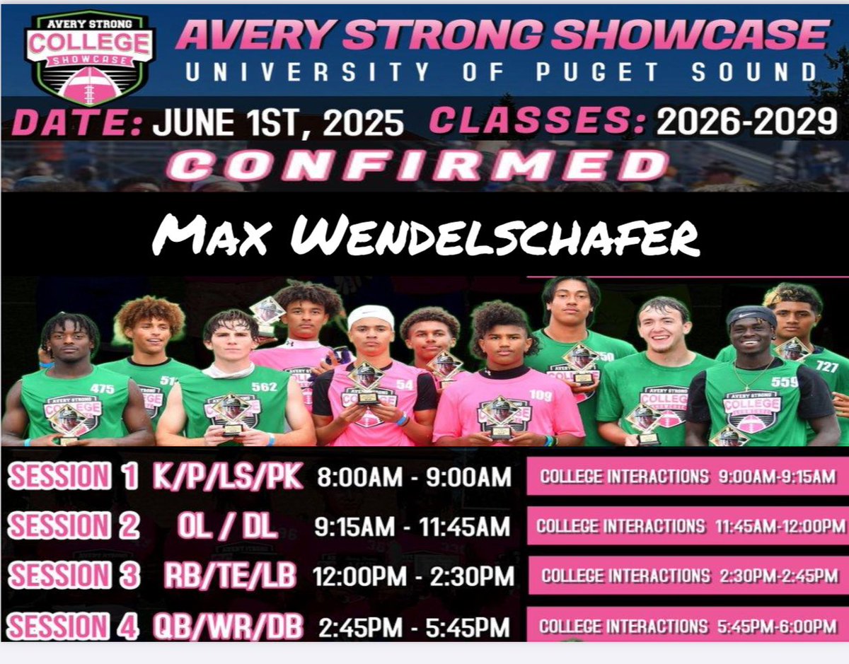 Max Wendelschafer (@max_wendel11) on Twitter photo Can’t wait to go compete at the <a href="/AveryShowcases/">Avery Strong Showcases</a> this Sunday at Puget Sound in Washington! <a href="/JosephO24/">Joseph Ortiz</a> <a href="/JUSTCHILLY/">Just Chilly</a> <a href="/AZHSFB/">ArizonaVarsity.com 🔥PREPS🔥</a> <a href="/gridironarizona/">Gridiron Arizona</a> <a href="/CoachJdubb12/">Justin Walterscheid</a> <a href="/CoachBlevinsISU/">Buddy Blevins</a> <a href="/cfry_05/">Colin Fry</a> <a href="/CoachFin_/">James Finley</a> <a href="/BRayStutzmann/">Billy Ray Stutzmann</a> <a href="/CoachCBrink/">Casey Brink</a> <a href="/AJMorganFB/">Andrew Morgan</a> <a href="/EWUCoach_Bruce/">Zach Bruce</a> <a href="/MattLinehan_10/">Coach Matt Linehan</a> <a href="/Spauldingiowa/">Matt Spaulding</a> Can’t wait to go compete at the <a href="/AveryShowcases/">Avery Strong Showcases</a> this Sunday at Puget Sound in Washington! <a href="/JosephO24/">Joseph Ortiz</a> <a href="/JUSTCHILLY/">Just Chilly</a> <a href="/AZHSFB/">ArizonaVarsity.com 🔥PREPS🔥</a> <a href="/gridironarizona/">Gridiron Arizona</a> <a href="/CoachJdubb12/">Justin Walterscheid</a> <a href="/CoachBlevinsISU/">Buddy Blevins</a> <a href="/cfry_05/">Colin Fry</a> <a href="/CoachFin_/">James Finley</a> <a href="/BRayStutzmann/">Billy Ray Stutzmann</a> <a href="/CoachCBrink/">Casey Brink</a> <a href="/AJMorganFB/">Andrew Morgan</a> <a href="/EWUCoach_Bruce/">Zach Bruce</a> <a href="/MattLinehan_10/">Coach Matt Linehan</a> <a href="/Spauldingiowa/">Matt Spaulding</a>