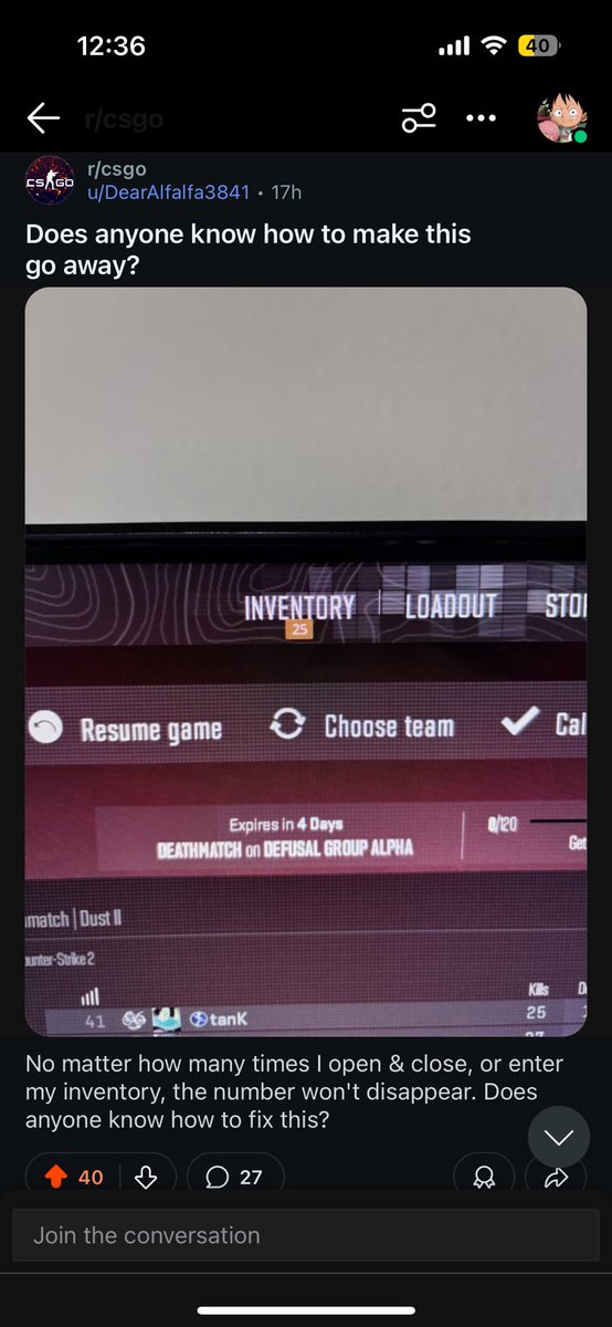 Majinn07's tweet photo. @CounterStrike Hello! Just wanted to bring this to your attention as if I have no clue if it's a bug, byt no matter how many times I restart or verify game files, the number won't go away from my inventory. I posted it on Reddit, and it seems like many people have the same issue. https://t.co/rDKOv3jfW3
