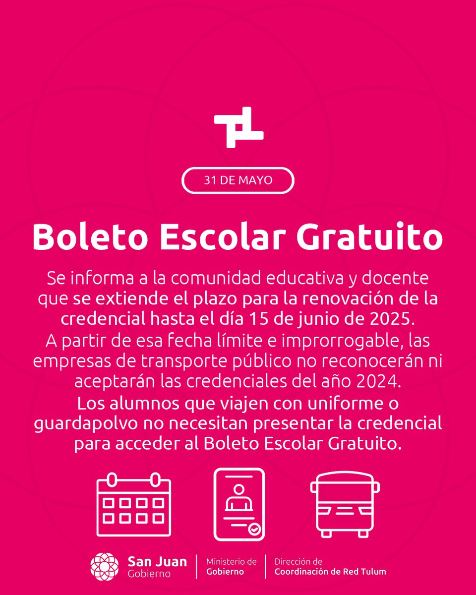 ⚠️🚍 Boleto Escolar Gratuito 🚍⚠️

📌¡Informate y no te quedes sin viajar!

<a href="/MinGobSanJuan/">MINGOB San Juan</a> 
<a href="/sisanjuanok/">sisanjuanok</a> 

#RedTulum #MinGobierno #TránsitoyTransporte #SUBE #SanJuan #SanJuanArgentina
