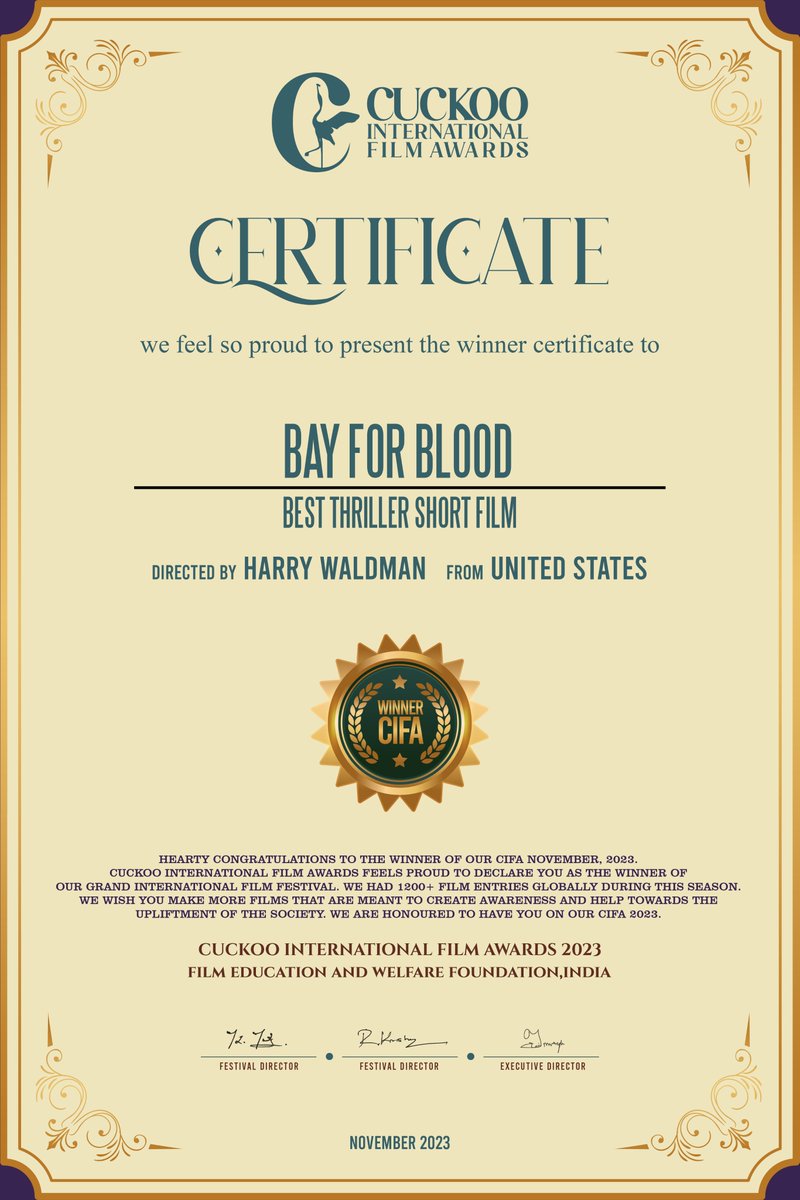 "Bay For Blood" has recently won awards for Best Thriller Short Film at the Art Film Awards and Cuckoo International Film Awards!!!