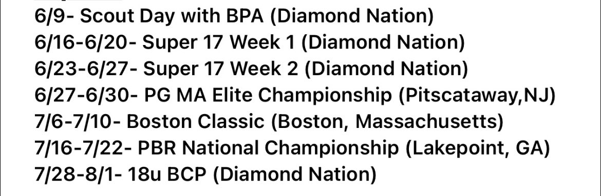 Just finished up my junior season with <a href="/brbaseball/">B-R Baseball</a>. Sad that it came to an end but excited to throw this summer. My final stats and summer schedule are attached below: 

41 IP
54 Ks
0.68 ERA 
3-1 record 
OPP BAA .127 

<a href="/wc_hitting/">Walter Cleary</a> <a href="/Diamond_Scouts/">Diamond Scouts</a>