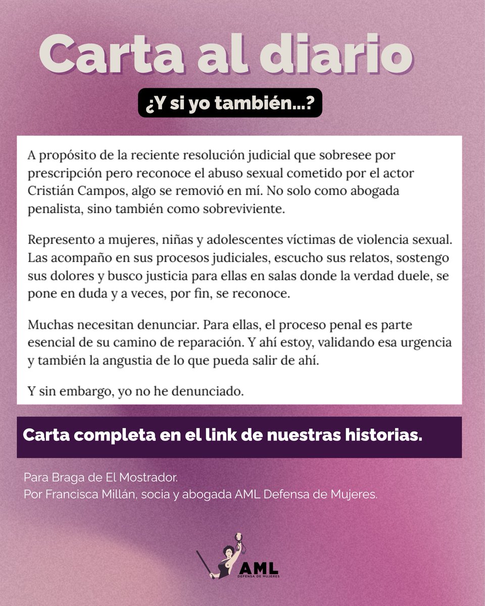 "Hoy, al leer esa resolución, me sorprendí preguntándome: ¿y si yo también…?" Nuestra socia y abogada <a href="/FranMillanZ/">Francisca Millán Zapata</a>  para <a href="/Elmo_Braga/">BRAGA</a> en relación a la resolución judicial de Cristián Campos.
Carta completa: elmostrador.cl/braga/yo-opino…