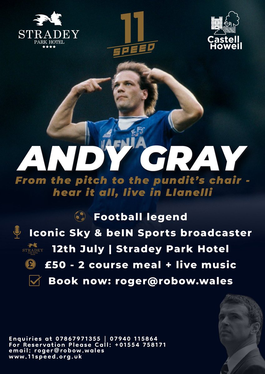 11Speed (@11speed2023) on Twitter photo ๐๏ธ An Evening with Andy Gray โ live in Llanelli!
โฝ Football legend & iconic Sky/beIN pundit
๐ Stradey Park Hotel
๐๏ธ 12 July
๐ฝ๏ธ ยฃ50 โ 2-course meal + live music
๐ฉ Book: roger@robow.wales
#AndyGray #FootballDinner #Llanelli #11Speed #StradeyParkHotel ๐๏ธ An Evening with Andy Gray โ live in Llanelli!
โฝ Football legend & iconic Sky/beIN pundit
๐ Stradey Park Hotel
๐๏ธ 12 July
๐ฝ๏ธ ยฃ50 โ 2-course meal + live music
๐ฉ Book: roger@robow.wales
#AndyGray #FootballDinner #Llanelli #11Speed #StradeyParkHotel