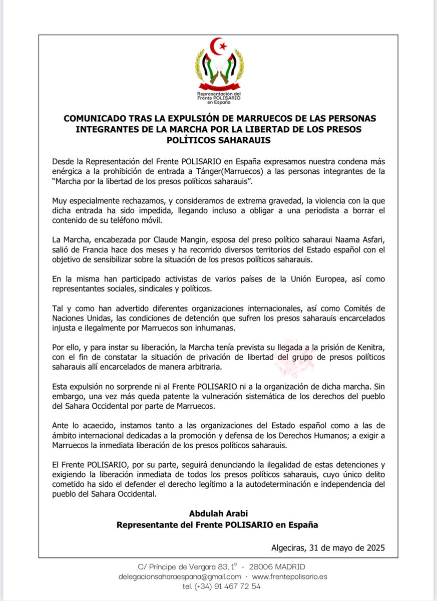 COMUNICADO TRAS LA EXPULSIÓN DE MARRUECOS DE LAS PERSONAS
INTEGRANTES DE LA MARCHA POR LA LIBERTAD DE LOS PRESOS
POLÍTICOS SAHARAUIS