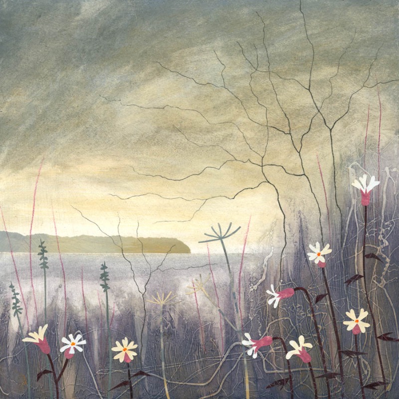 printreb's tweet photo. Sea Campion stars in this piece—a change from my usual daisies! I loved building up the foliage with stencils and cut shapes, imagining that tangle of coastal plants just before the sea comes into view. Available: https://t.co/TzZgIewybI
#coastalart #floralcollage #mixedmediaart https://t.co/KnhNRRoS59