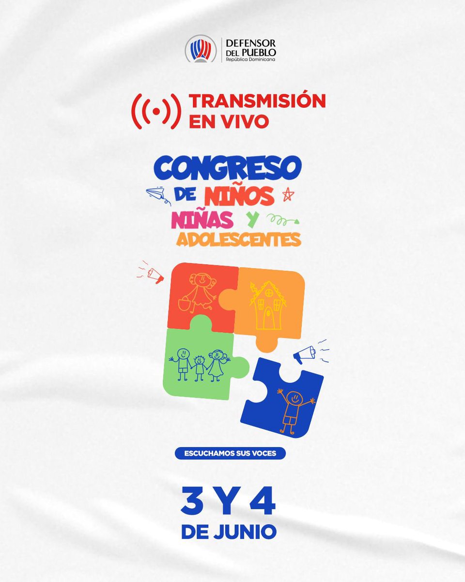 DefensorRD's tweet photo. ¡La voz de la niñez y la adolescencia se hace escuchar! ✨👧🏽🧒🏾

 Acompáñanos en nuestra transmisión en vivo y sé testigo de cómo las nuevas generaciones construyen un futuro más justo, inclusivo y esperanzador.📲🧩

#EscucharUneLasPiezas #NiñezRD #EscuchamosSusVoces https://t.co/jFinH7WcW0