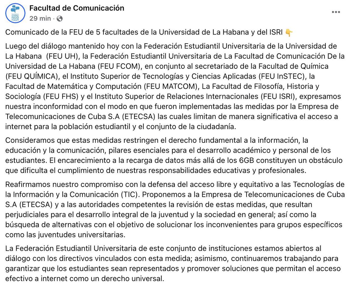 ⚠️⚠️#Urgente. La FEU de cinco Facultades de la Universidad de La Habana rechazan el tarifazo en las telecomunicaciones anunciado por ETECSA… en un hecho poco usual la organización estudiantil controlada por el PCC ha lanzado este comunicado público.