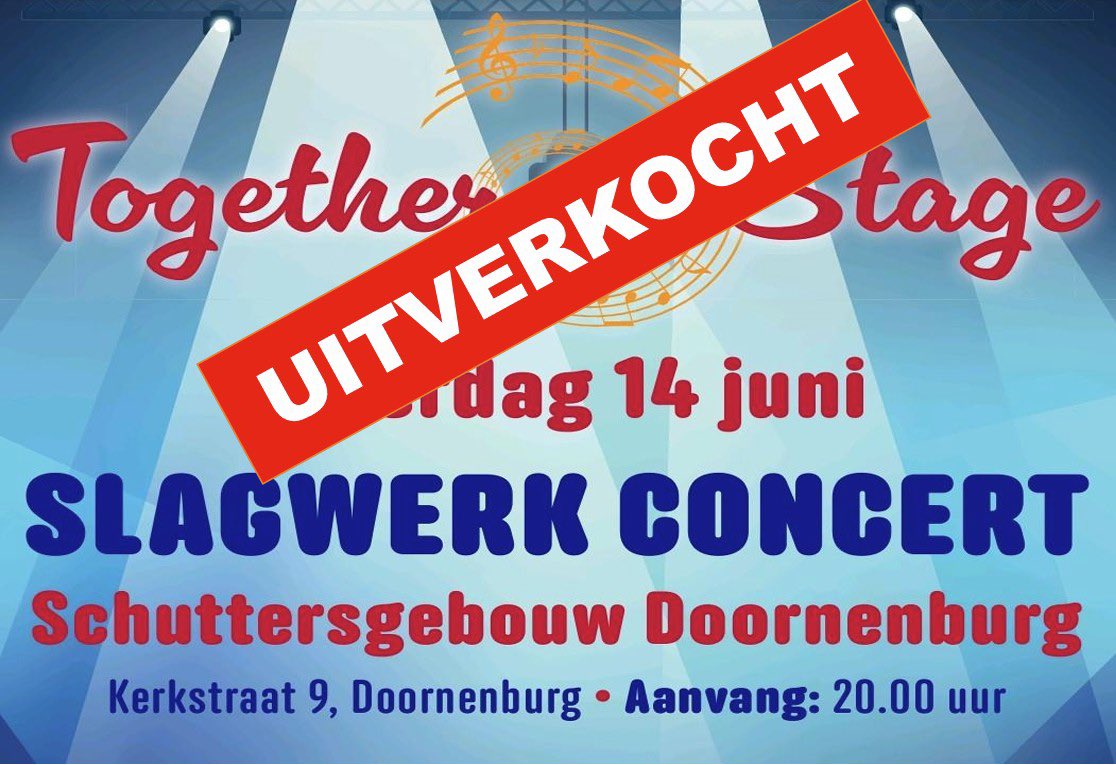 SLAGWERKCONCERT TOGETHER ON STAGE UITVERKOCHT !!

Concert Slagwerkgroepen Gendt en Doornenburg met artiesten Sem van der Hijden, Leonie van Kuipers, Frederique Cornelissen, een 84 jarige dirigent en talentvolle jeugdgroep in Schuttersgebouw van Schutterij Gijsbrecht van Aemstel!