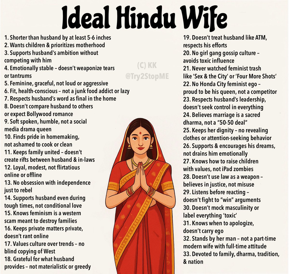 IDEAL HINDU WIFE TEST

Any score below 33 is FAIL.

Point number 1 to 33 are non negotiables.