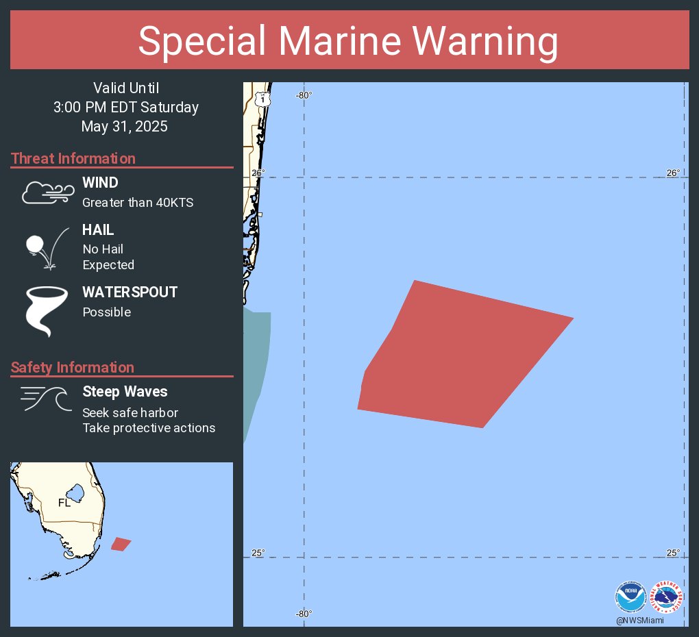 Special Marine Warning continues for the Waters from Deerfield Beach to Ocean Reef FL from 20 to 60 NM excluding the territorial waters of Bahamas until 3:00 PM EDT