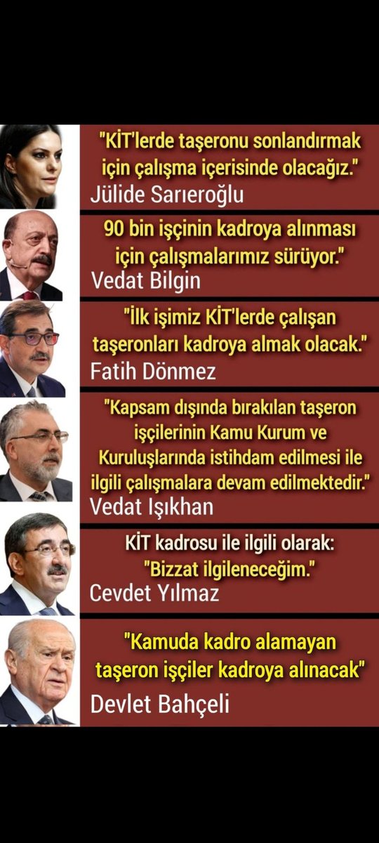 Taşerona kadro’ dediler sözlerinde durmadılar. 

Taşeron işçilerin halâ kadrosuz çalışıyor olması ve açlık sınırının altında maaş alarak modern köleliğe mahkum edilmesi kabul edilemez... 

Bitsin artık bu çile...
TaşeronKöle Değilİşçidir 
<a href="/a_uraloglu/">Abdulkadir URALOĞLU</a>