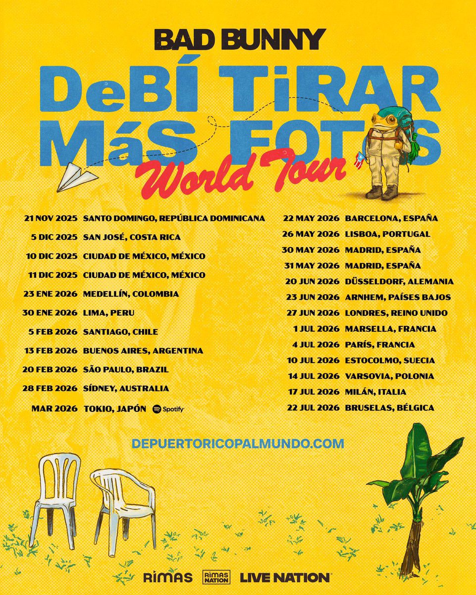 McPostT's tweet photo. Bad Bunny announced his "Debí Tirar Más Fotos World Tour", spanning November 2025 to July 2026, covering 24 dates across Latin America, Europe, Australia, and Japan.

#Post #Events #Show #Music https://t.co/b2b4sh8qRH