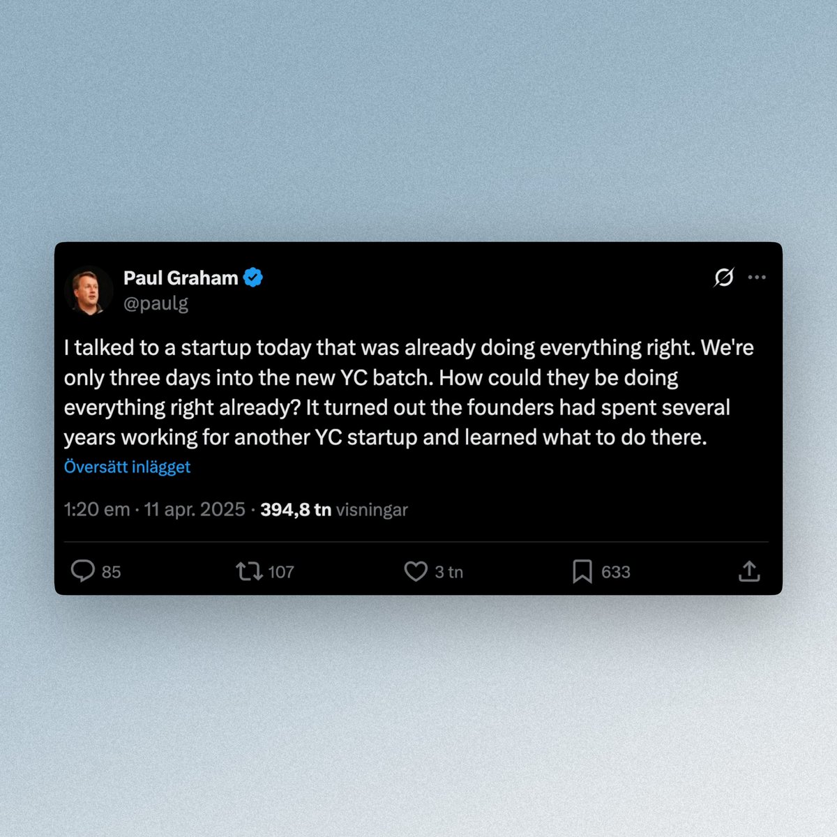Henrik Hansson (@henriktaro) on Twitter photo Paul Graham invited me and <a href="/LudvigSwanstrom/">Ludvig Swanstrom</a> to meet with him a couple weeks ago, and tweeted about it right after.
Tip: If you want to start a company one day, join the smartest founders you can find. That’s what I did with <a href="/antonosika/">Anton Osika – eu/acc</a> (Founder of Lovable) at the YC-startup Paul Graham invited me and <a href="/LudvigSwanstrom/">Ludvig Swanstrom</a> to meet with him a couple weeks ago, and tweeted about it right after.
Tip: If you want to start a company one day, join the smartest founders you can find. That’s what I did with <a href="/antonosika/">Anton Osika – eu/acc</a> (Founder of Lovable) at the YC-startup