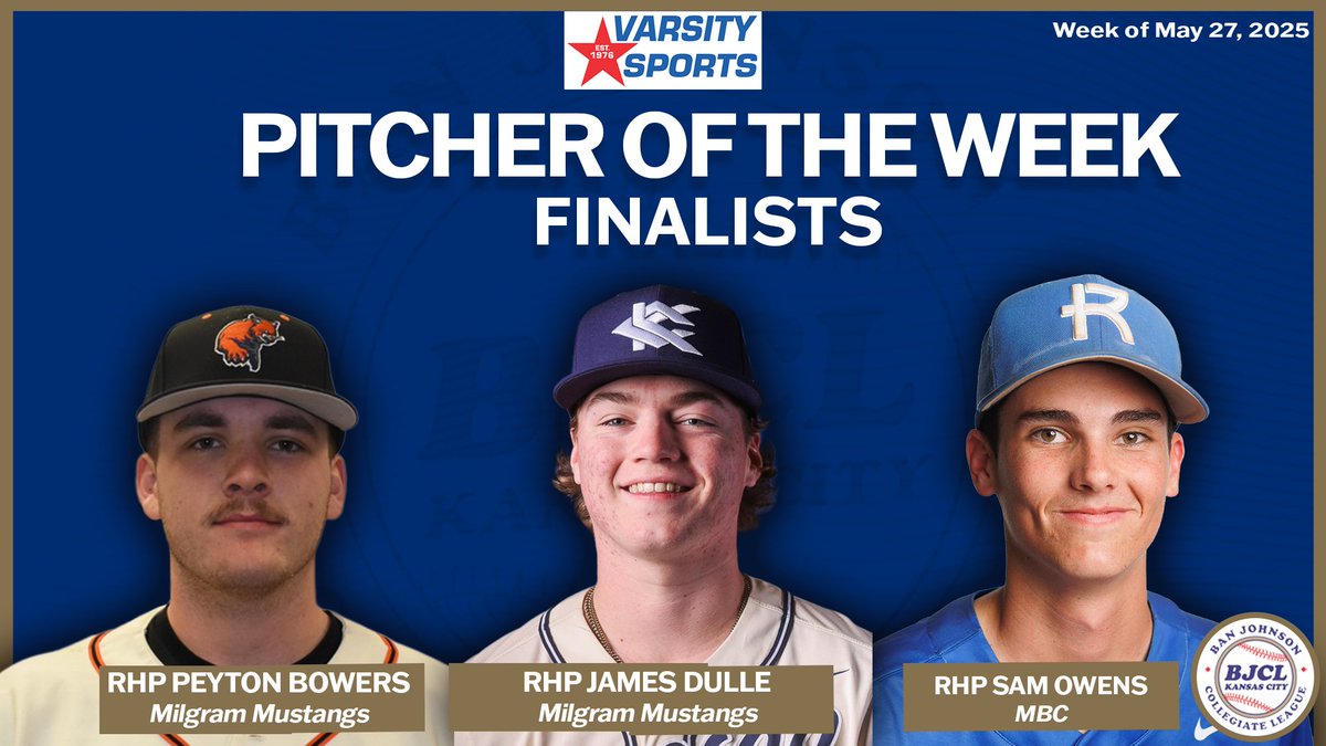 BanJohnsonBSB (@banjohnsonbsb) on Twitter photo Congrats to our Varsity Sports Pitcher of the Week finalists! Look for our winner on Sunday! #BJCL
Milgram Mustangs RHP Peyton Bowers <a href="/PeytonBowers4/">Peyton Bowers</a> (<a href="/BakerUBaseball/">Baker Baseball</a>)
Milgram Mustangs RHP James Dulle <a href="/JamesDulle12/">James Dulle</a> (<a href="/KCKbaseball/">KCK Baseball</a>)
MBC Sam Owens RHP <a href="/sam_owens_6/">Sam Owens</a> Congrats to our Varsity Sports Pitcher of the Week finalists! Look for our winner on Sunday! #BJCL
Milgram Mustangs RHP Peyton Bowers <a href="/PeytonBowers4/">Peyton Bowers</a> (<a href="/BakerUBaseball/">Baker Baseball</a>)
Milgram Mustangs RHP James Dulle <a href="/JamesDulle12/">James Dulle</a> (<a href="/KCKbaseball/">KCK Baseball</a>)
MBC Sam Owens RHP <a href="/sam_owens_6/">Sam Owens</a>