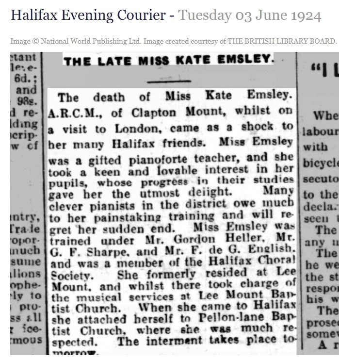 Friends of Lister Lane Cemetery (KAVS) (@listerlanecem) on Twitter photo Remembering former Halifax music teacher Kate Emsley, who died at London on this day in 1924 at the age of 50. Brought back to Halifax for burial with her mother Azubah Smith, who predeceased her in 1921.
Obit courtesy of <a href="/BNArchive/">The British Newspaper Archive</a> Remembering former Halifax music teacher Kate Emsley, who died at London on this day in 1924 at the age of 50. Brought back to Halifax for burial with her mother Azubah Smith, who predeceased her in 1921.
Obit courtesy of <a href="/BNArchive/">The British Newspaper Archive</a>