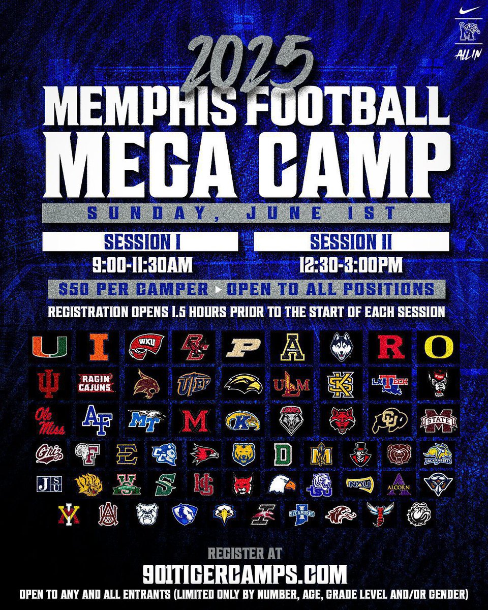 I will be attending the Memphis Mega Camp tomorrow, June 1.  Session One.  
<a href="/VHSFootballFBT/">VHS Football</a> <a href="/DraftDiamonds/">Draft Diamonds ™️</a> <a href="/CoachAlexHaynes/">Alex Haynes</a> <a href="/Coach_Guice/">Myrick Guice</a> <a href="/tulane63/">Chris Anderson</a> <a href="/Theondre92/">Coach C. Brown</a> <a href="/79colt45/">Colt McDowell</a> <a href="/RSilverfield/">Ryan Silverfield</a> <a href="/coachdmstewart/">Mitch Stewart</a> <a href="/Donavan_Ellison/">Donavan Ellison</a> <a href="/JohnGarcia_Jr/">John Garcia, Jr.</a> <a href="/PrepRedzoneFL/">Prep Redzone Florida</a> <a href="/TheUCReport/">Billy Tucker</a> 
<a href="/DamondTalbot/">Damond Talbot</a>