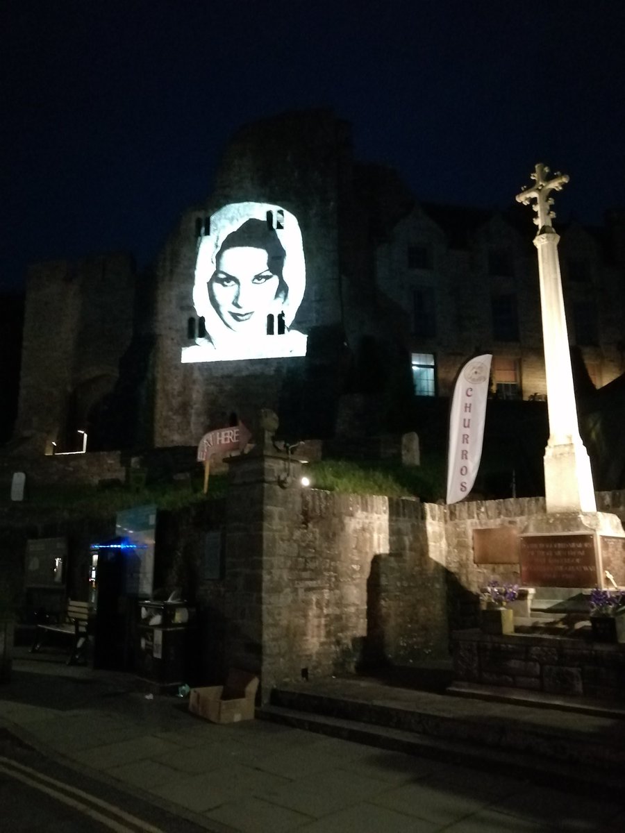 Late #Liverpool trans pioneer #AprilAshley's giant photo at @HayFestival projects on #Haycastle. See my blog elsonshippinglines.com/transgender-pi…