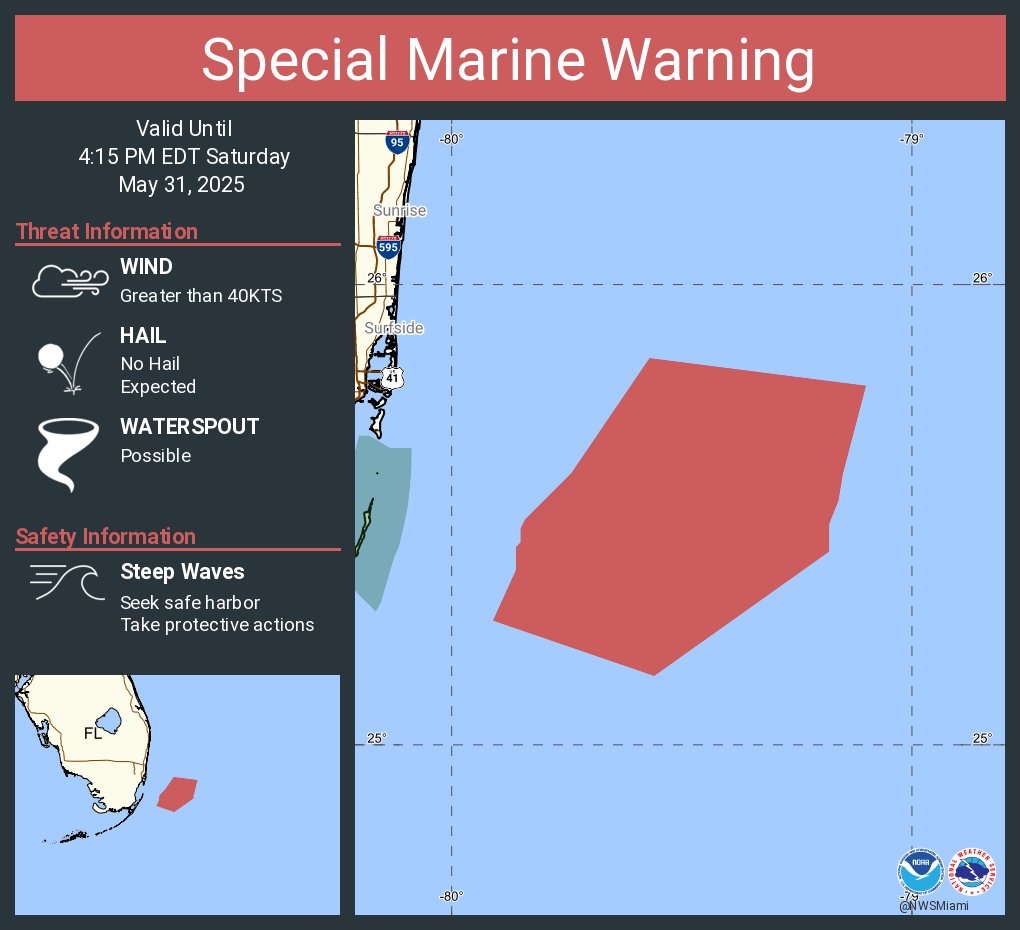 Special Marine Warning including the Waters from Deerfield Beach to Ocean Reef FL from 20 to 60 NM excluding the territorial waters of Bahamas and Coastal waters from Deerfield Beach to Ocean Reef FL out 20 NM until 4:15 PM EDT