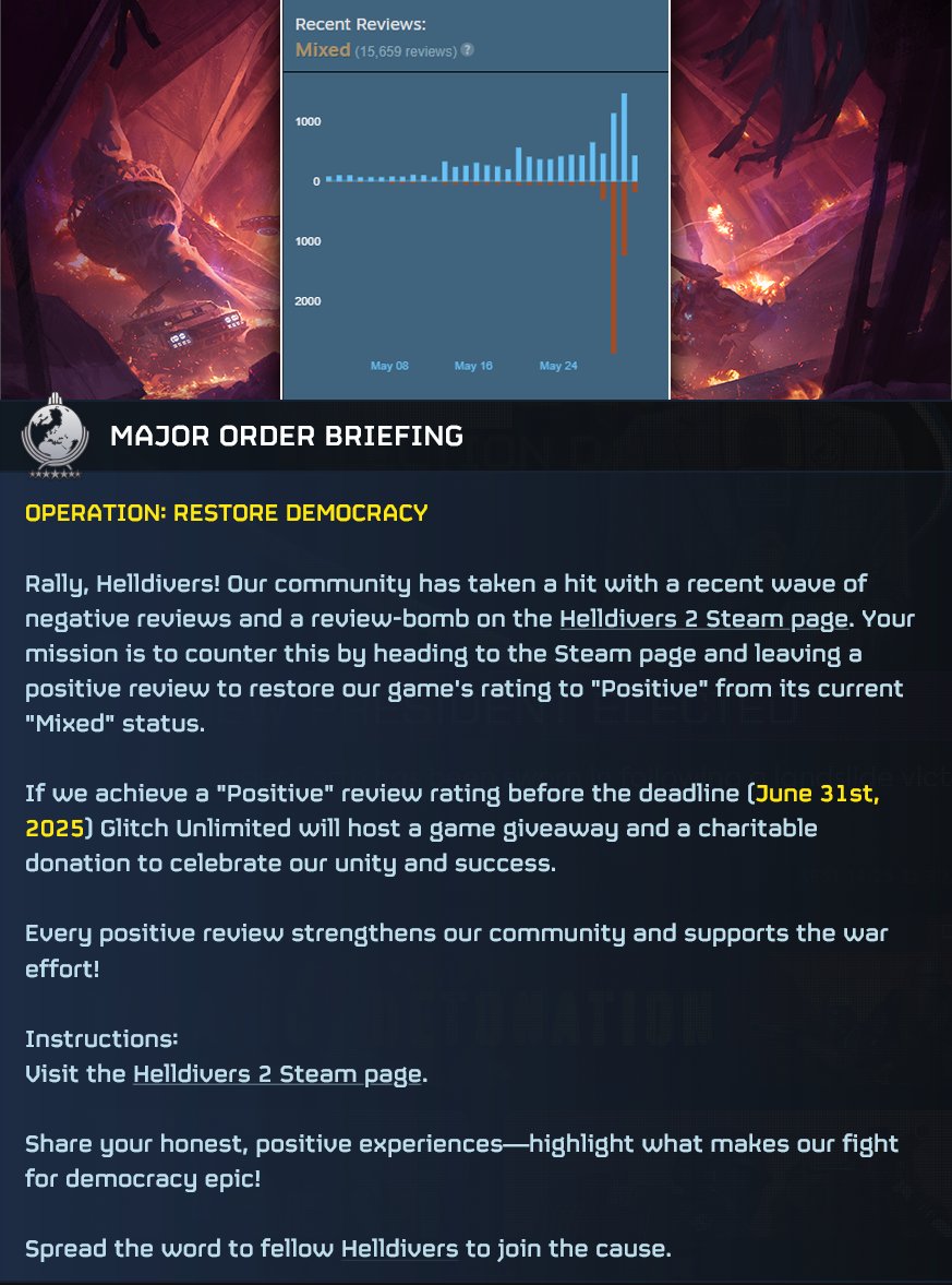 #Helldivers2 // #Helldivers // #Helldivers2GalacticWar 

Glitch Unlimited Major Order: Let's restore the game's rating to its original state before it changed to Mixed. I'll host a game giveaway &amp; donate to charity if we can make it happen. Retweet this post! Let's make it