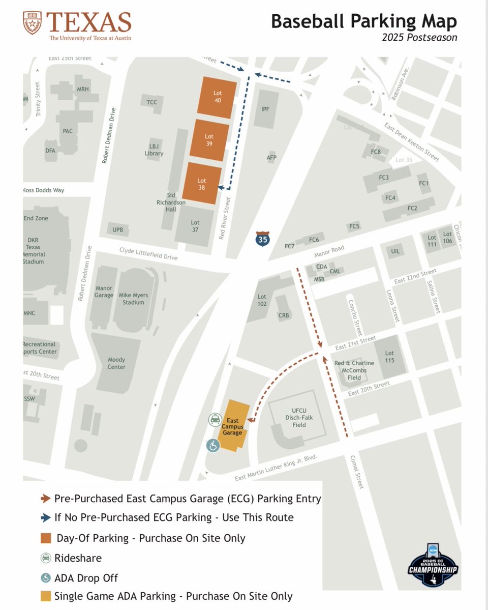 Texas Fan First (@texasfanfirst) on Twitter photo π¨ <a href="/TexasBaseball/">Texas Baseball</a> Parking Info π¨
We expect a high volume of traffic in the East Campus area due to NCAA Baseball Regionals at UFCU Disch-Falk Field and UIL State Softball Championships at Red and Charline McCombs Field. Additionally, with the I-35/MLK Bridge construction please π¨ <a href="/TexasBaseball/">Texas Baseball</a> Parking Info π¨
We expect a high volume of traffic in the East Campus area due to NCAA Baseball Regionals at UFCU Disch-Falk Field and UIL State Softball Championships at Red and Charline McCombs Field. Additionally, with the I-35/MLK Bridge construction please
