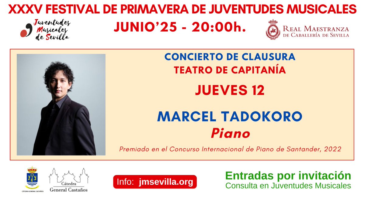 Ya está aquí una nueva edición del Festival de Primavera de Juventudes Musicales 🎶

Con el patrocinio de la Real Maestranza de Caballería de Sevilla y la colaboración de @fundacioncajasol y Cátedra General Castaños, te invitamos a disfrutarlo.
INFO en jmsevilla.org
