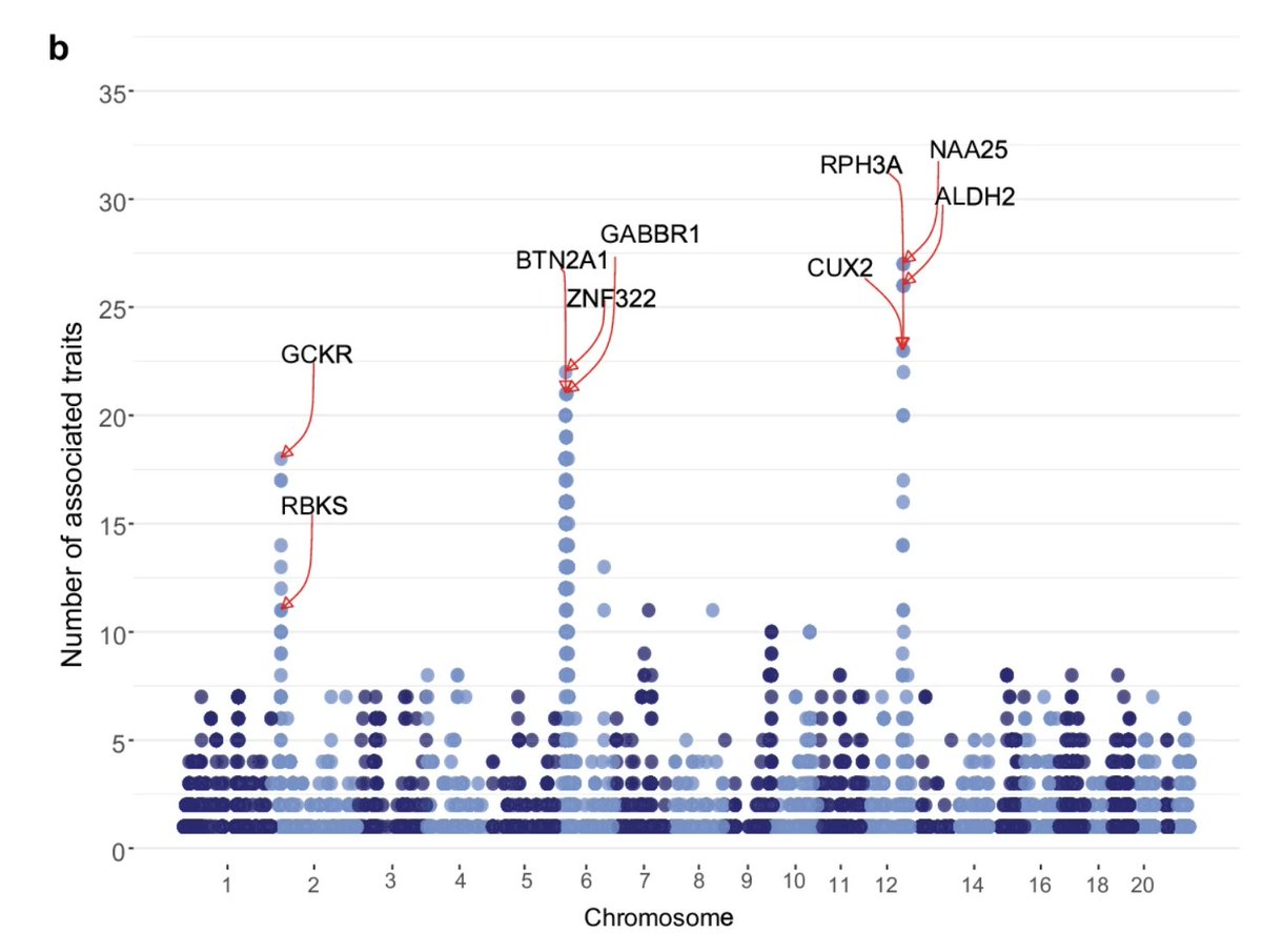 I like this pleiotropy Manhattan plot, which gives a bird's eye view of the landscape of genetic associations across 36 quantitative traits tested in 150k Korean individuals. 

The plot visualizes the number of traits (Y axis) associated with genes (X axis; based on nearby common