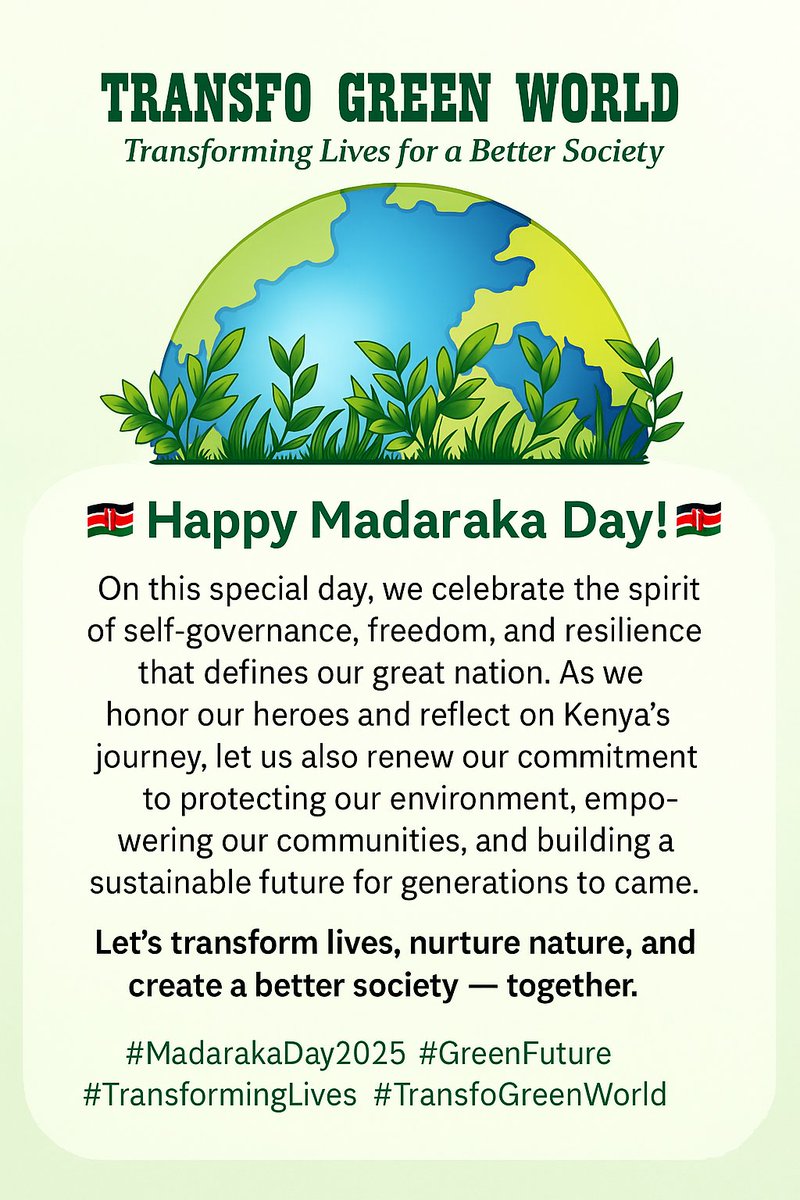 Happy Madaraka Day 
As we honor our heroes andreflect on Kenya's journey,let us also renew ourcommitment to protecting our environment,empowering our communitiesand building a sustainable future for generations to come.
Let’stransform lives,nurture nature&amp;create a better society
