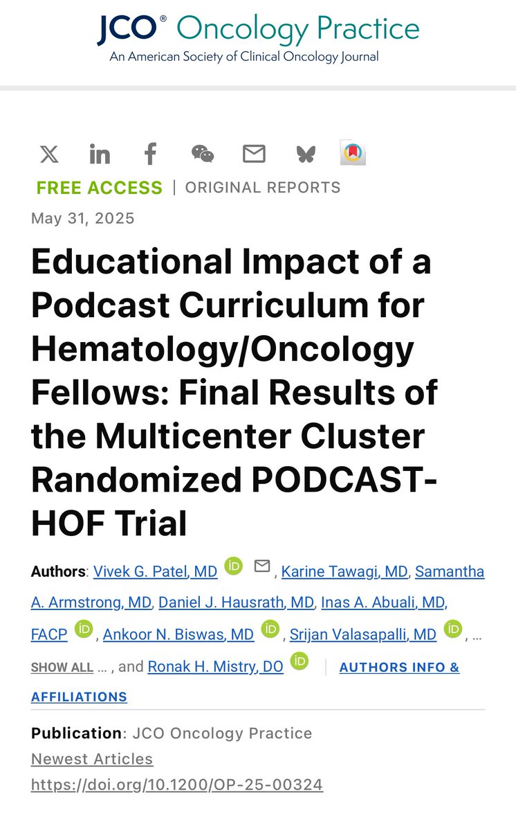 The Fellow On Call (@thefellowoncall) on Twitter photo 🚨Hot off the press: A simultaneous publication in <a href="/JCOOP_ASCO/">JCO Oncology Practice</a> alongside <a href="/vpatelmd/">Vivek Patel, MD</a>’s presentation highlighting the 1st cluster randomized study evaluating podcasts for heme/onc education!
The outcome: <a href="/TheFellowOnCall/">The Fellow On Call</a> and <a href="/TwoOncDocs/">TwoOncDocs</a> should be included for h/o fellow education! 🚨Hot off the press: A simultaneous publication in <a href="/JCOOP_ASCO/">JCO Oncology Practice</a> alongside <a href="/vpatelmd/">Vivek Patel, MD</a>’s presentation highlighting the 1st cluster randomized study evaluating podcasts for heme/onc education!
The outcome: <a href="/TheFellowOnCall/">The Fellow On Call</a> and <a href="/TwoOncDocs/">TwoOncDocs</a> should be included for h/o fellow education!