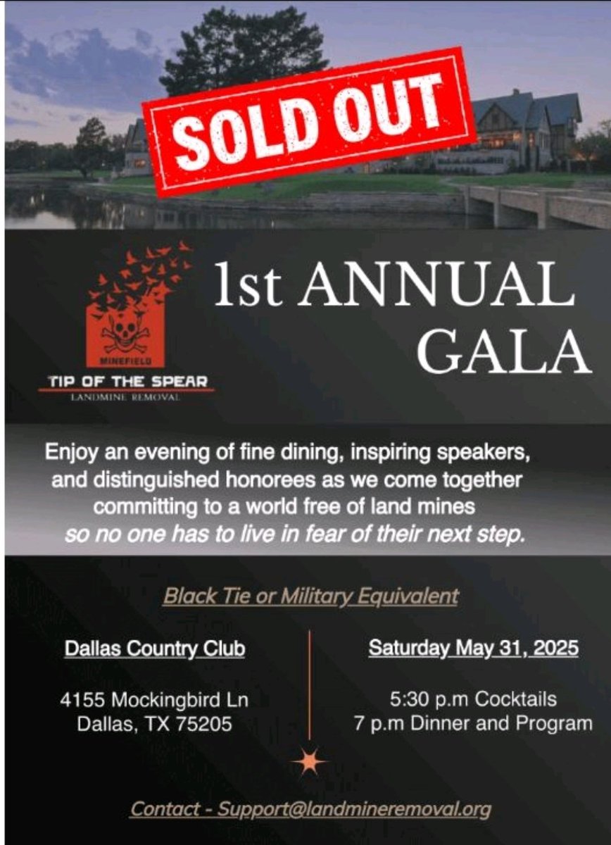 Our first annual Tip of the Spear Gala in Dallas is sold out. Im extremely grateful and humbled to see the outpouring of support from all around the world for our mission. Its going to be an epic night with all proceeds going to mine-action in Ukraine!
Please see