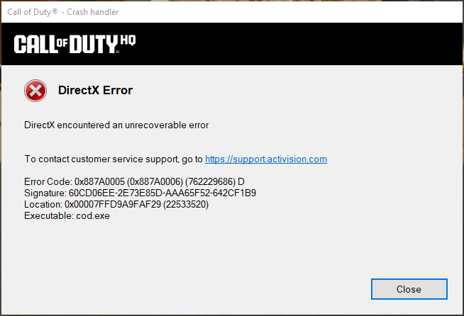 V_Poje's tweet photo. Hey @CODUpdates the game is crashing on PC, even after all the supposed fixes found on Reddit. This is the message : #cod #CallofDuty #Multiplayer https://t.co/xMoqM8oYyR