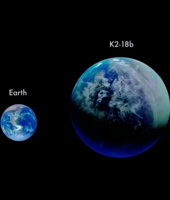 This is K2-18b, a potentially habitable planet covered in oceans and about 2.6 times the size of Earth. JWST has detected carbon dioxide and methane in the atmosphere, and it is within the habitable zone of its star.