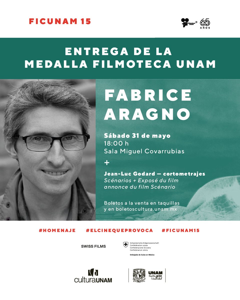 ✨¡Es hoy! Acompáñanos en la entrega de la Medalla #FilmotecaUNAM a Fabrice Aragno, colaborador técnico y artístico de Jean-Luc Godard📽️. ¡En #FICUNAM15!

🗓️Sábado 31 de mayo | 18h
📍Sala Miguel Covarrubias #CCU
🎟️Boletos en taquilla o en boletoscultura.unam.mx