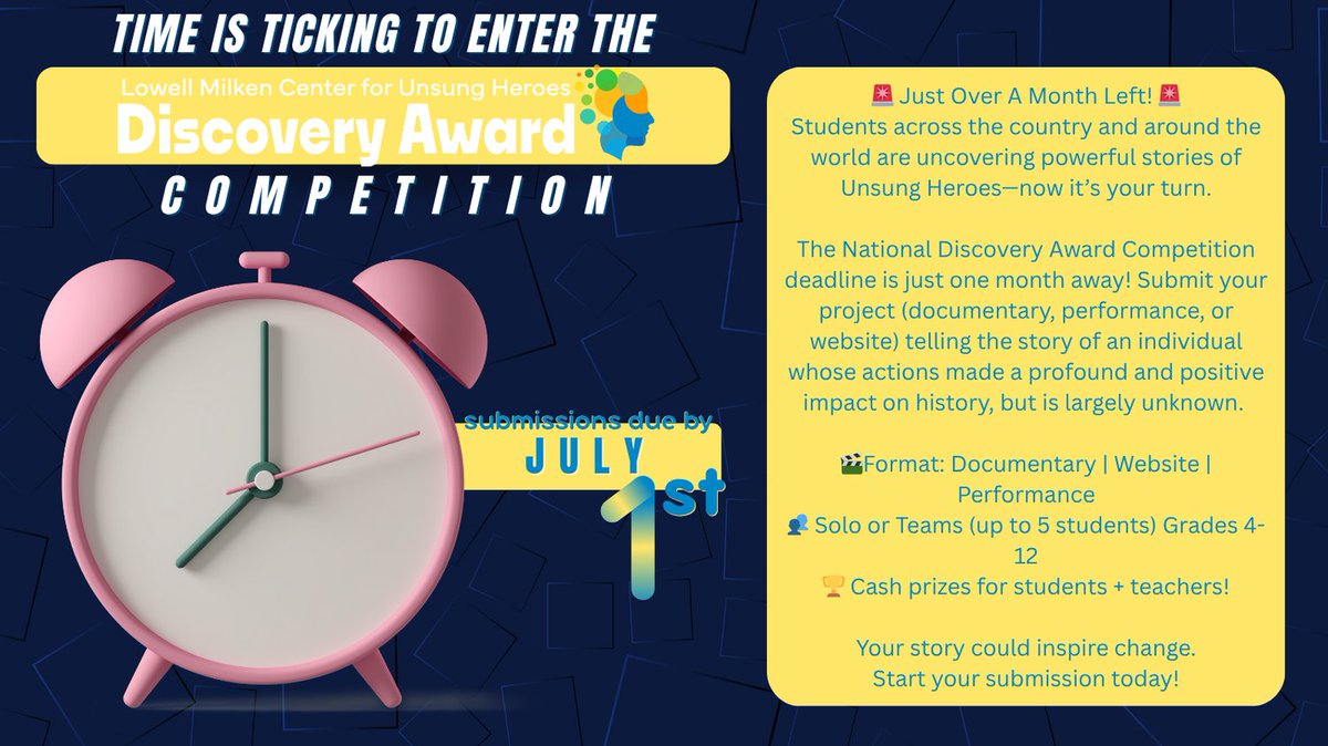 🗓️ Submissions Due: July 1, 2025
👉 Details here: bit.ly/Discovery_Awar…

#UnsungHeroes #StudentVoices #ProjectBasedLearning #DiscoveryAward #StudentImpact