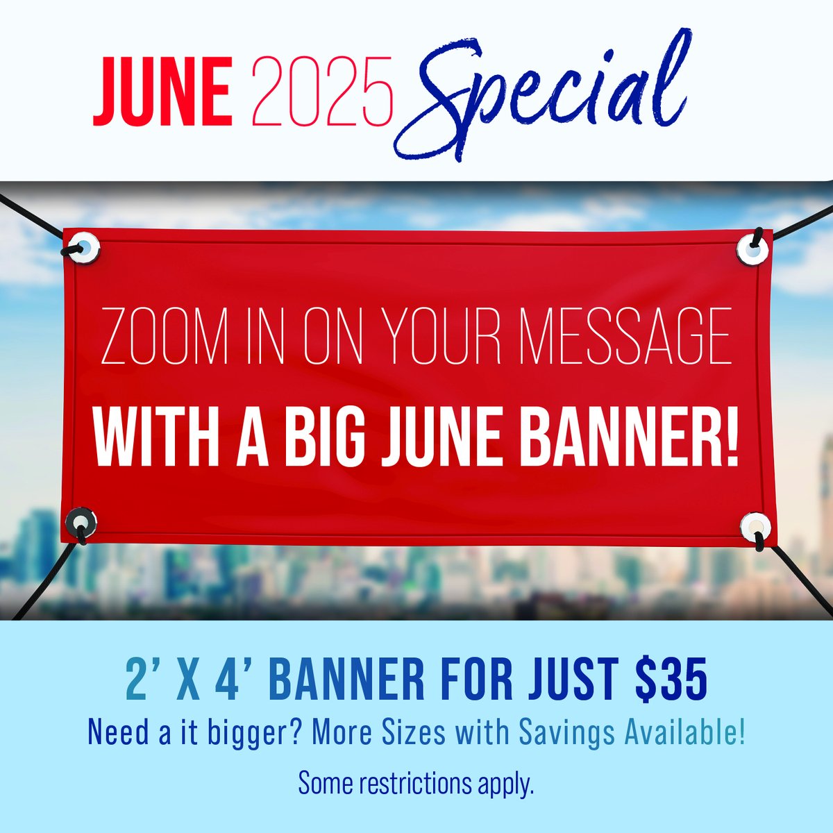 usaquickprint's tweet photo. This June, score a 2' x 4' vinyl banner for just $35 and make your event, sale, or brand the center of attention! Looking for a larger banner? Savings on other sizes! Contact us today to learn more or to place your order!
#USAQP #USAQuickprint #BigJuneBanner  #bannerspecial https://t.co/QTS8TuBg7e