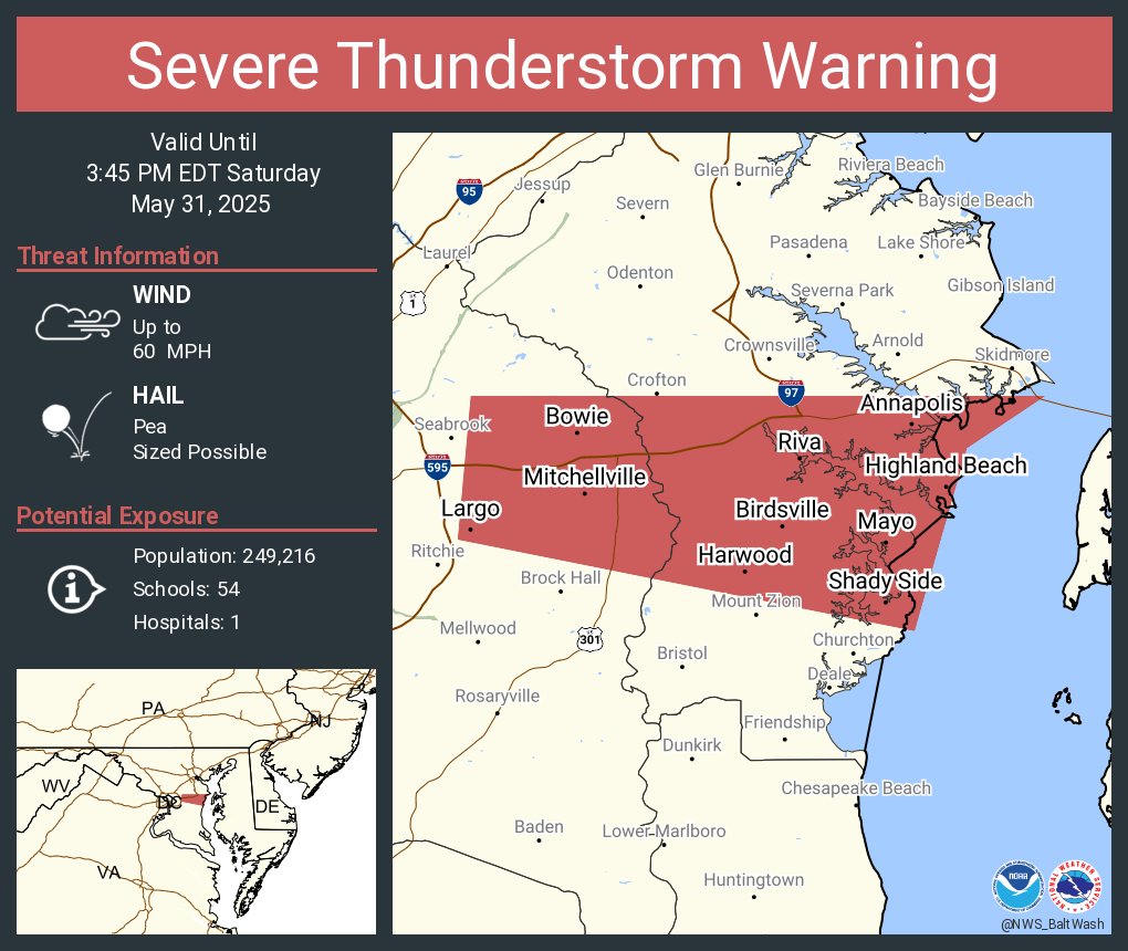 Severe Thunderstorm Warning including Bowie MD, Annapolis MD and  Parole MD until 3:45 PM EDT