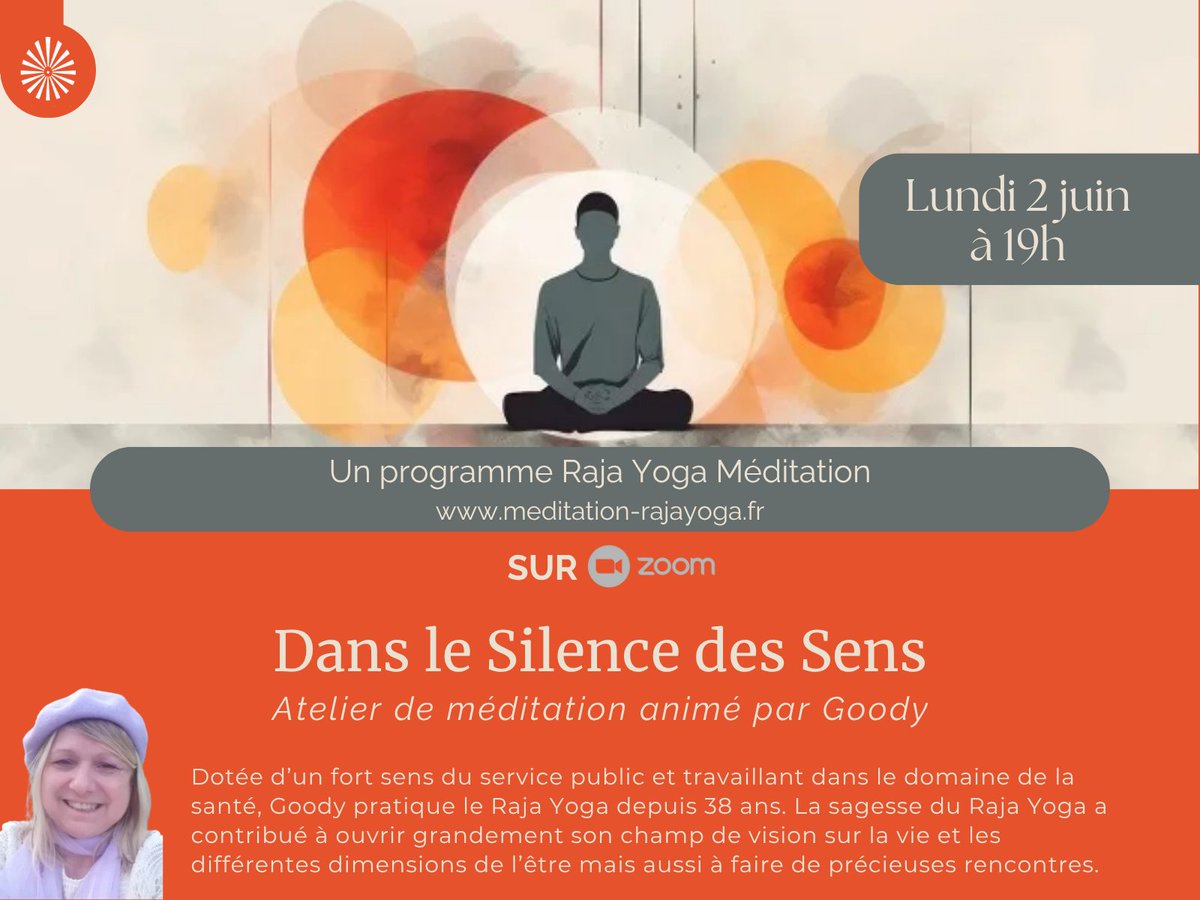 RajaYogaMedit's tweet photo. Lundi 2 juin Ă 19h
LE SILENCE DES SENS
Programme en ligne uniquement
#spiritualité #activitegratuite #rajayoga #méditation #ilence #sens
Toutes les infos + lien vers le direct:
https://t.co/YP7JXRsX4G
Tous nos programmes sur
https://t.co/f0teYmgAv9 https://t.co/iuGTjQBZfW