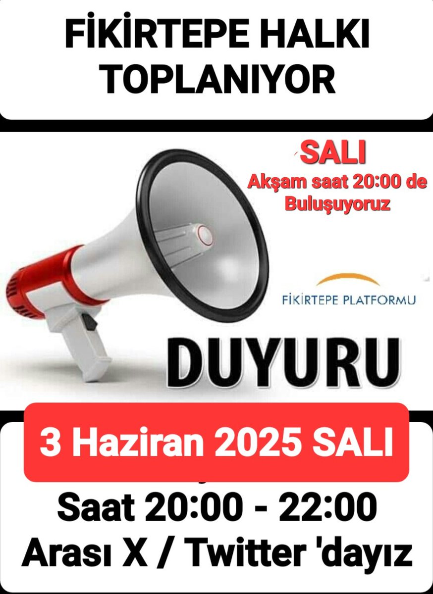 FİKİRTEPE HALKI olarak
3 Haziran Salı Akşamı
Saat 20:00-22:00 Arası yeniden daha zinde, kararlı ve kalabalık olarak Yeni Twitter Etkinliğimizde toplanıyoruz.

DUYANLARA DUYMAYANLARA
SORANLARA SORMAYANLARA
#fikirtepe #yenifikirtepe #muratkurum #sezayiköse #enesgürbüz #rterdoğan