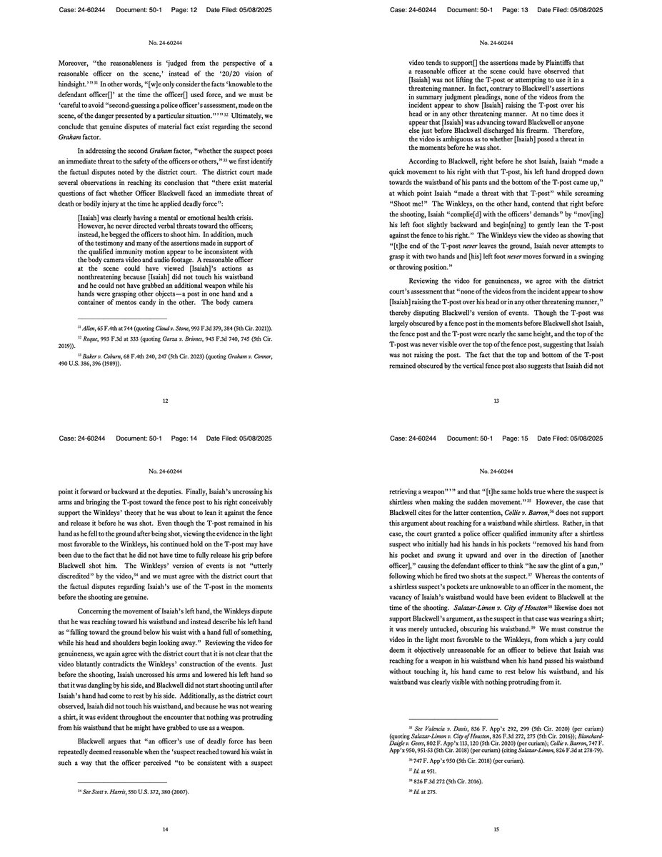 The 5th Circuit affirms that the Winkley family's civil case against Deputy Blackwell can go forward.

ca5.uscourts.gov/opinions/unpub… <a href="/RussLatino/">Russ Latino</a> <a href="/JoyHogge/">Joy Hogge</a>