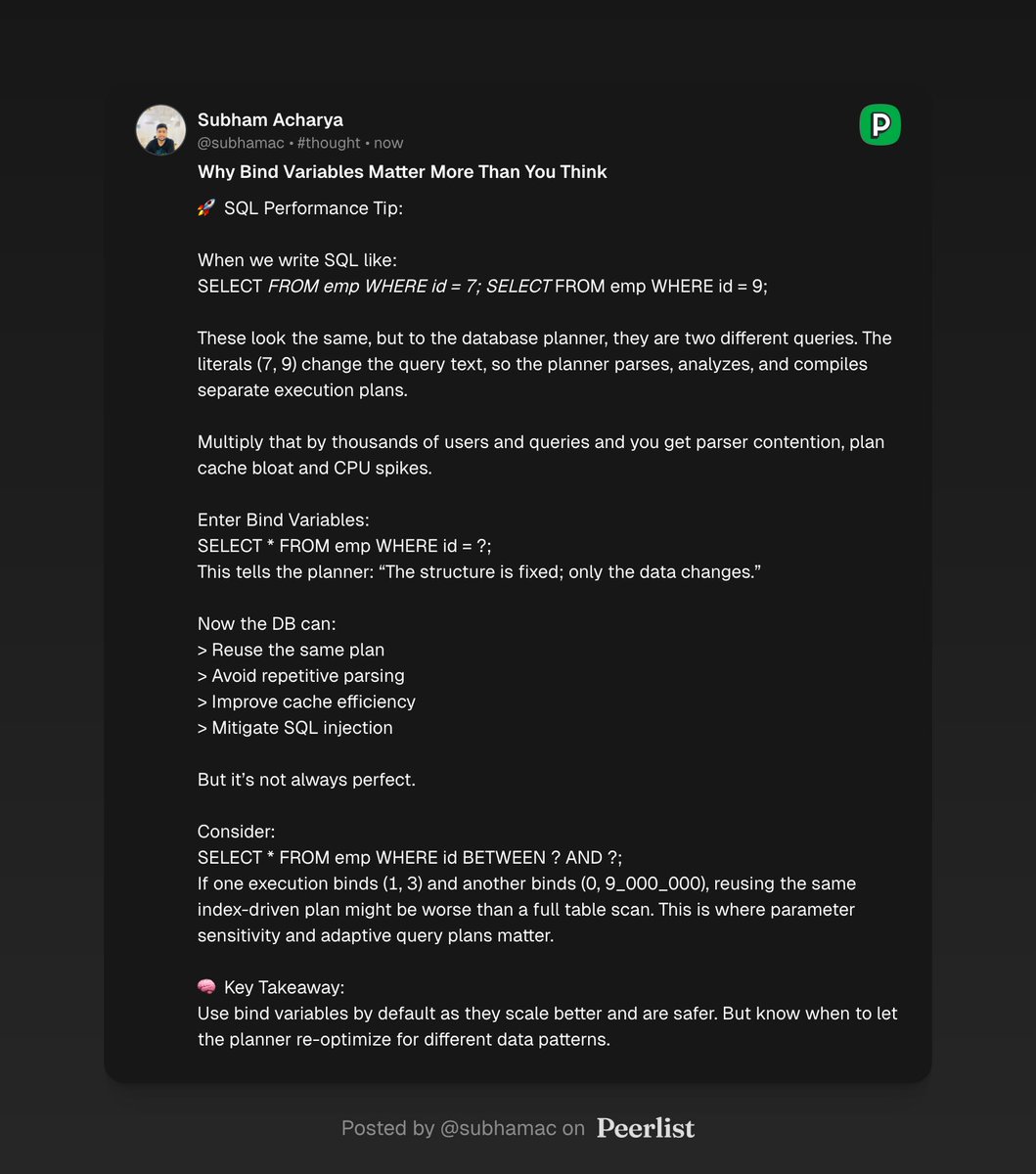 Subham_Acharya_'s tweet image. Why bind variables matter more than you think?
Want to know more about it?
Here is the link to my post in @Peerlist ๐ shorturl.at/LwUei
#SQL #DatabaseOptimization #QueryPlanning #BindVariables #PerformanceEngineering #DevTips